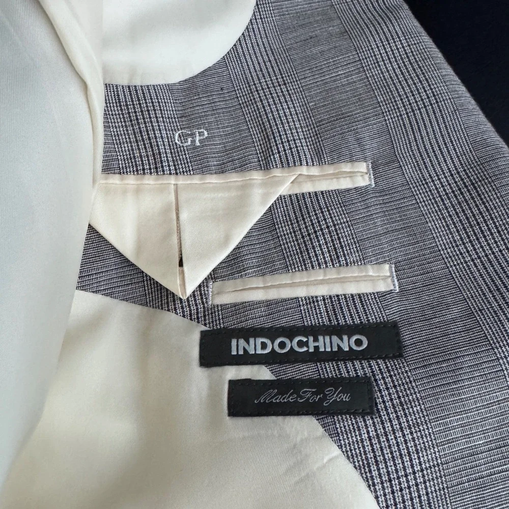 Indochino Mens Gray Glen Plaid Cotton Linen Blazer Sport Coat Jacket 42R Custom